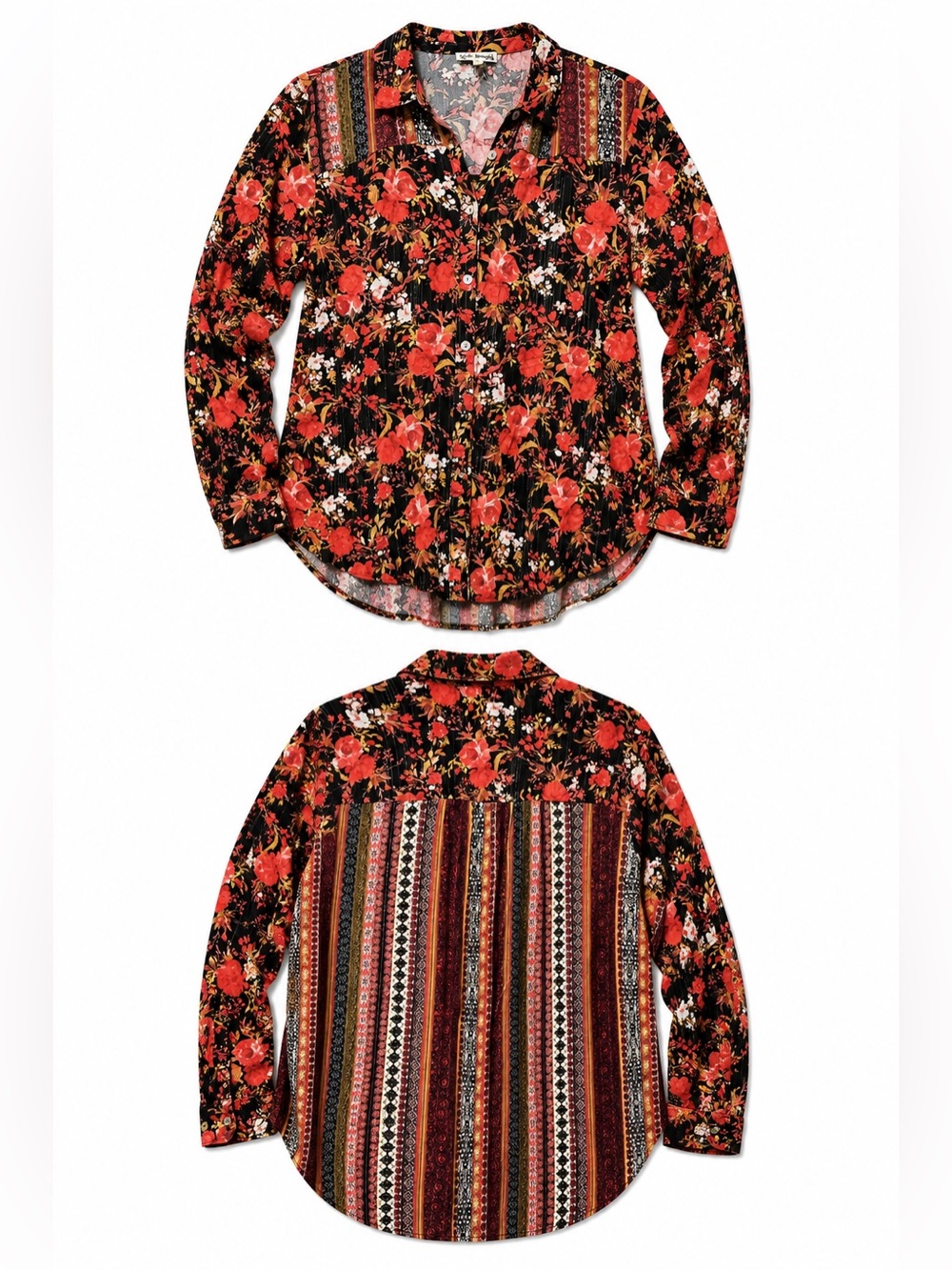 Hope Springs Floral Patchwork Boho Button Down Shirt Black Red XL